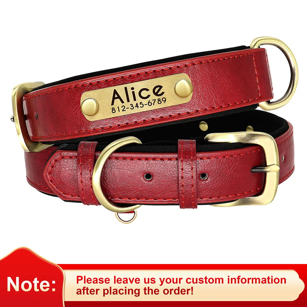 Customized PU Leather Nameplate Dog Collar Soft Padded Dogs Collars Free Engraving Name for Small Medium Large Dogs Adjustable - Image 2