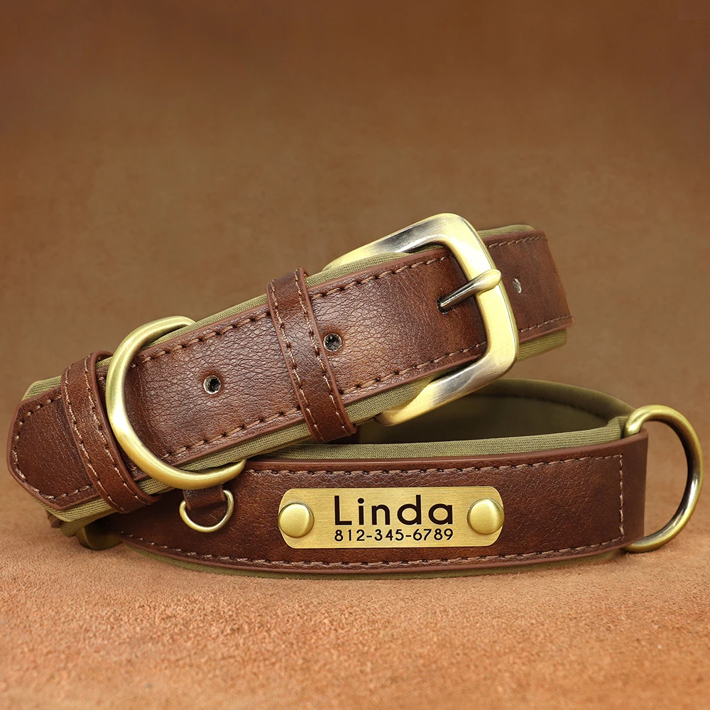 Customized PU Leather Nameplate Dog Collar Soft Padded Dogs Collars Free Engraving Name for Small Medium Large Dogs Adjustable - Image 3