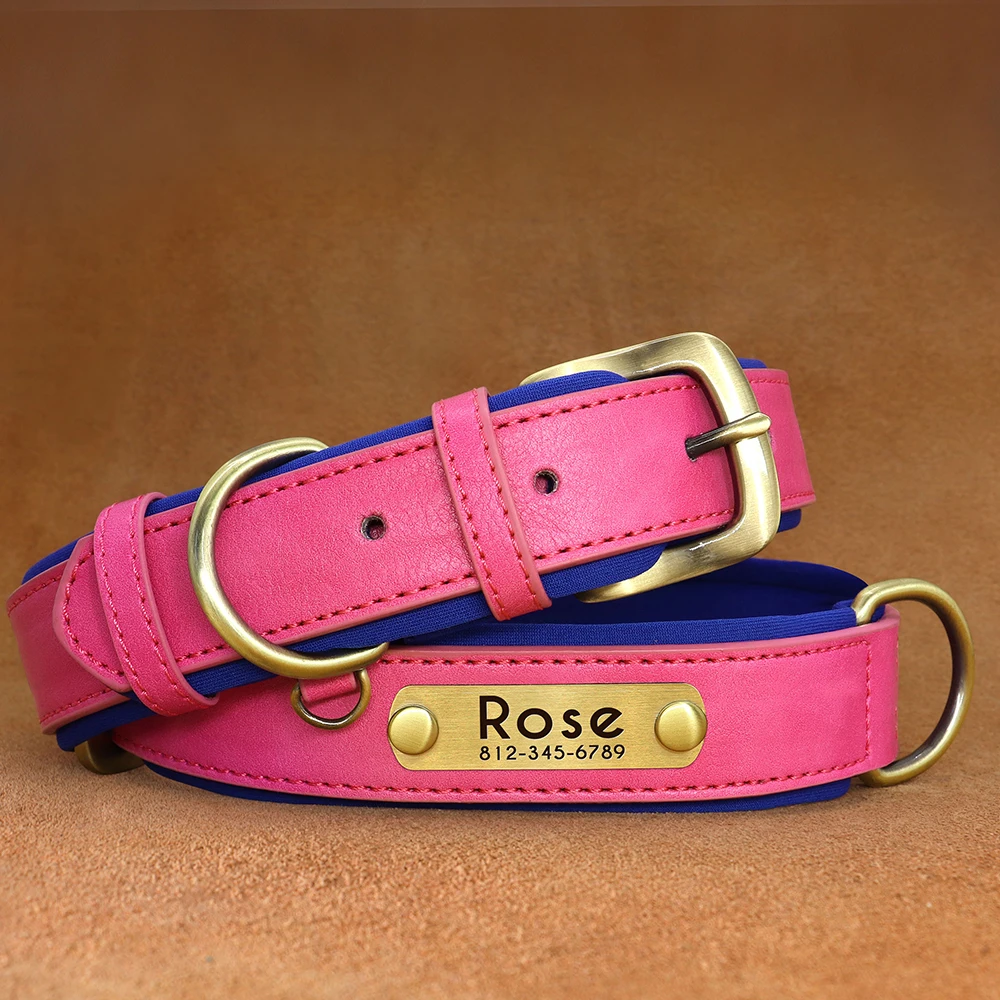 Customized PU Leather Nameplate Dog Collar Soft Padded Dogs Collars Free Engraving Name for Small Medium Large Dogs Adjustable - Image 4
