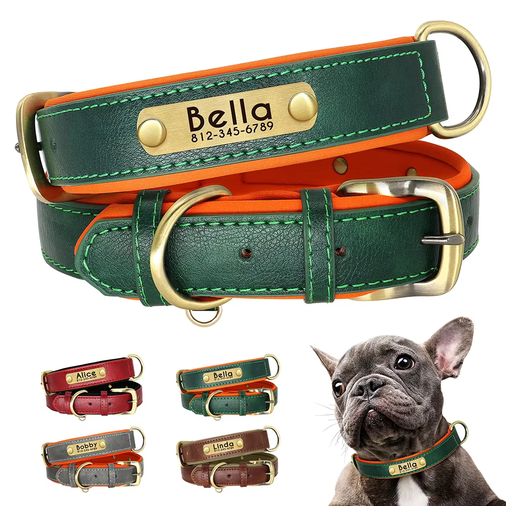 Custom PU Leather Dog Collar Soft Padded Adjustable, Free Engraving for All Sizes - Image 2