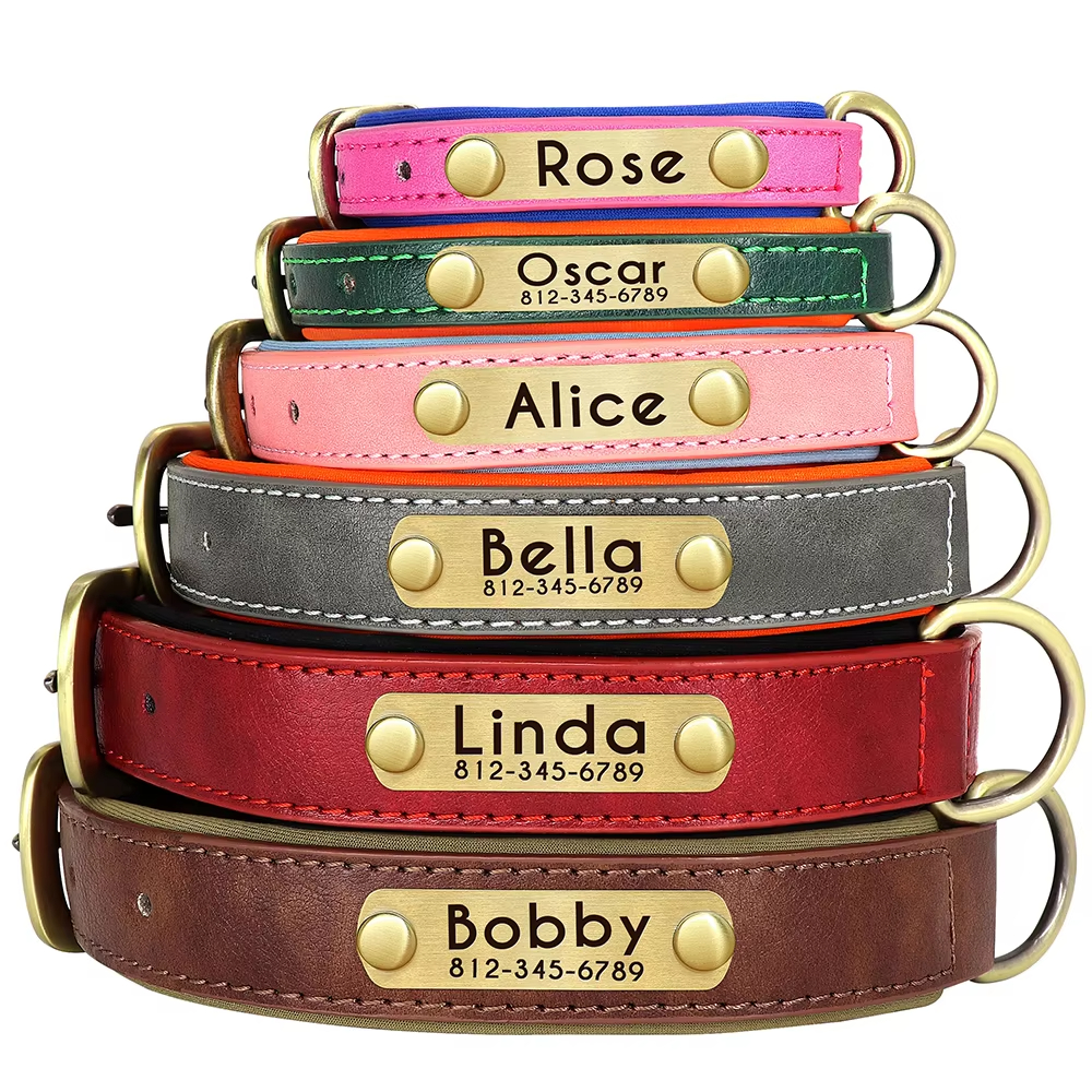 Custom PU Leather Dog Collar Soft Padded Adjustable, Free Engraving for All Sizes - Image 4