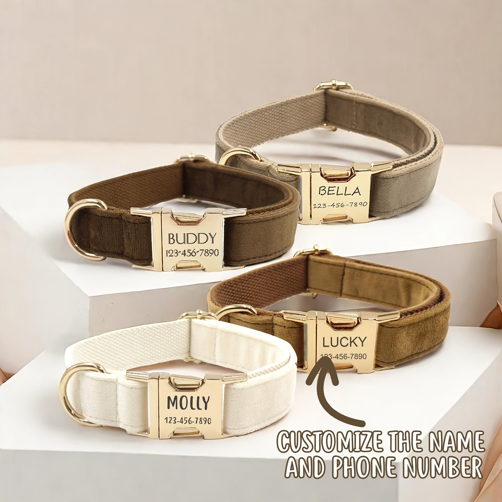 Velvet Dog Collar Custom Engraved ID Soft Adjustable For All Dogs
